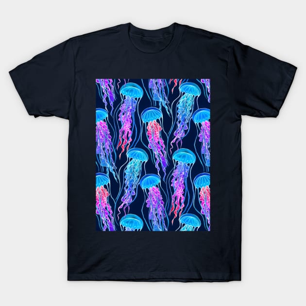 Luminescent Rainbow Jellyfish on Navy Blue T-Shirt by micklyn